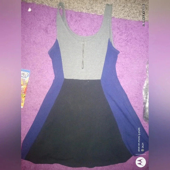 EXPRESS Women’s M Blue/Black/Gray Color Block Sleeveless Fit & Flare Mini Dress - Picture 9 of 10